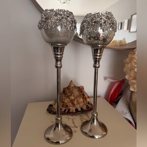 Silver Decorative Candle Holders - Metallic Pair